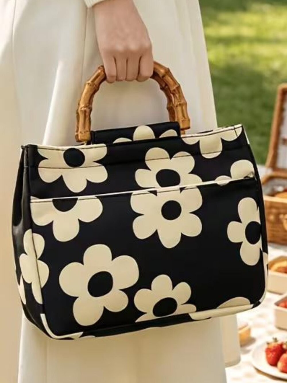 BLACK & WHITE RETRO DAISIES BAG